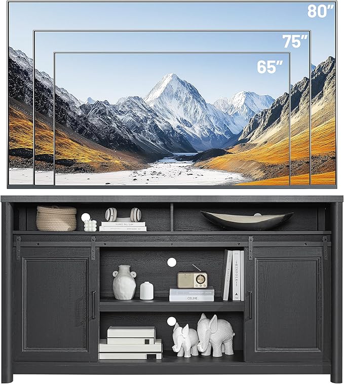 Farmhouse TV Stand for Living Room, Large Black Entertainment Center with Storage, TV Console for Bedroom, TV Stand with Sliding Barn Door Television Stands for 80 Inch TV, 38 Inch Tall Media Cabinet