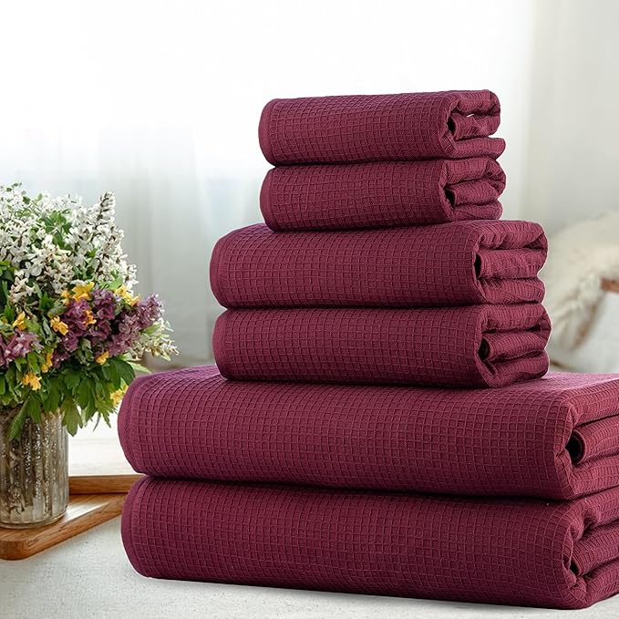 CASA COPENHAGEN Waffle Terry Towel 6Pcs Set, Cotton Extra Large Luxurious- Burgundy, 2Bath Sheets XL- 35 x 70 Inch, 2Large Hand Towels- 20 x 31Inch, 2Large Washcloths- 16 x 16 Inch