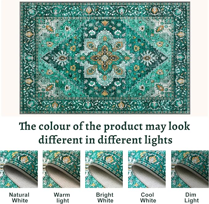 Tangsoo 8x10 Area Rug for Living Room, Washable Vintage Rug Indoor Non Slip Large, Print Distressed Emerald Carpet, Soft Low Pile Foldable Floor Rugs for Bedroom Dining Room Dorm