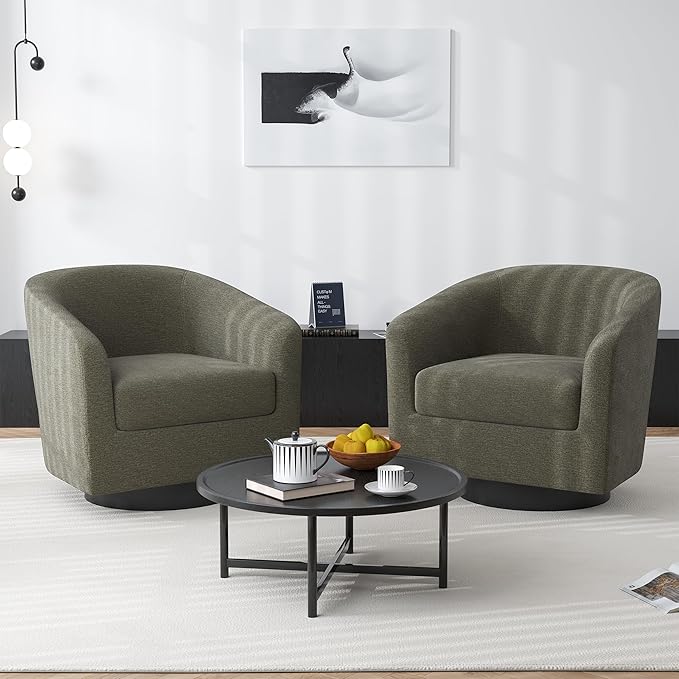 Swivel Barrel Accent Chair, Modern Round Chenille Fabric Arm Chair for Living Room, Bedroom, Comfy Club Reading Chairs for Adults（Chenille Fabric, Tan, Set of 4