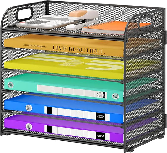 6 Tier Paper Organizer with Handle, Metal Desk Organizer Mesh Paper Letter Tray Desktop File Folder Document Sorter for Classroom, School, Office Accessories Organization and Storage - Black