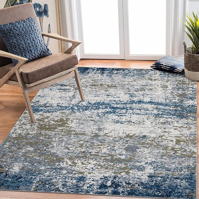 6x9 Modern Abstract Area Rug Non Slip Non Shedding Low Pile Stain Resistant Rug Soft Carpet for Bedroom Living Room, Navy