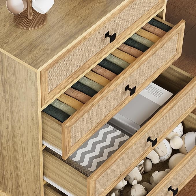 ORRD 4 Drawer Dresser for Bedroom, Mid Century Modern Wide Wood Rustic Chest of Drawers Wooden Storage Organizer Dressers with Burlap Rattan Drawers for Living Room, Hallway Closet, Entryway, Natural