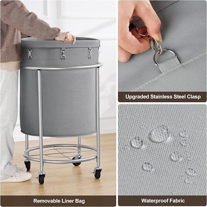 ELYKEN Laundry Basket with Wheels, 45 Gallons Rolling Laundry Hamper with Removable Bag and Steel Frame, Round Laundry Cart with 4 Casters, Ideal for Bedroom, Bathroom, Laundry Room, Gray