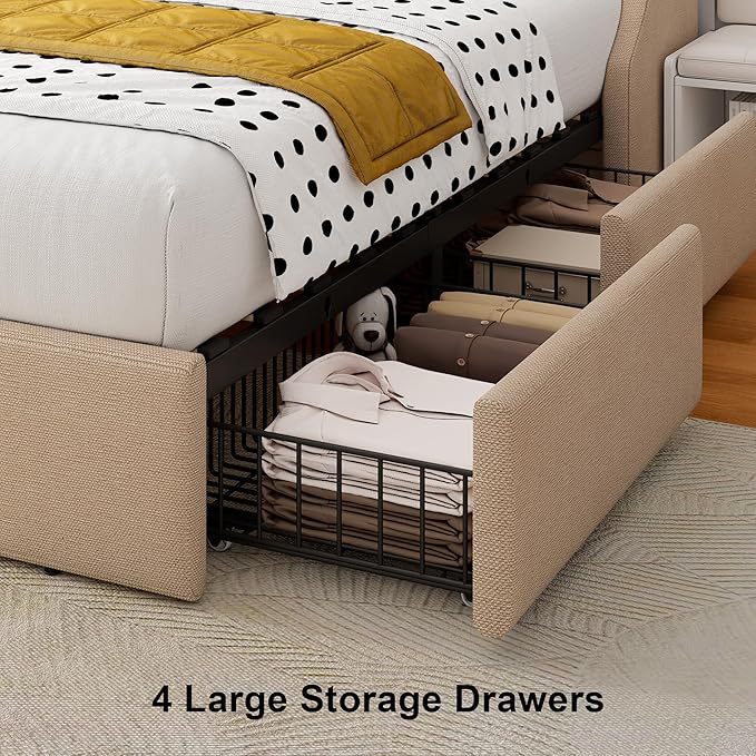 Upholstered Twin Bed Frame with 4 Storage Drawers, Bed Frame with Large Wingback Headboard, Charging Station, No Box Spring Needed, Easy Assembly, Beige
