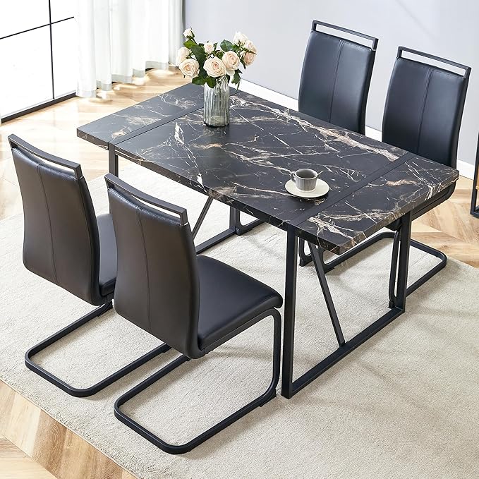 Dining Table Chairs Set for 4, Modern Rectangular Dining Room Table Set PU Leather Upholstered Dining Chairs 55" Dinner Table Set for Kitchen (B-Black, 55 inch Table + 4 Chairs)
