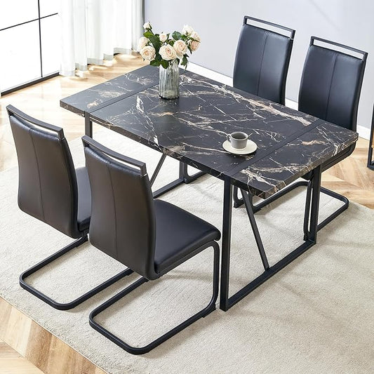 Dining Table Chairs Set for 4, Modern Rectangular Dining Room Table Set PU Leather Upholstered Dining Chairs 55" Dinner Table Set for Kitchen (B-Black, 55 inch Table + 4 Chairs)