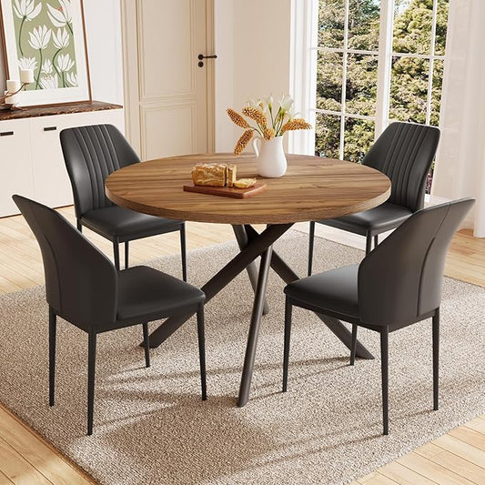 45.3'' Walnut Round Dining Table Set for 4, Mid Century Modern Small Coffee Set for Dining Room Kitchen Apartment (Light Walnut + 4 Black Chairs)