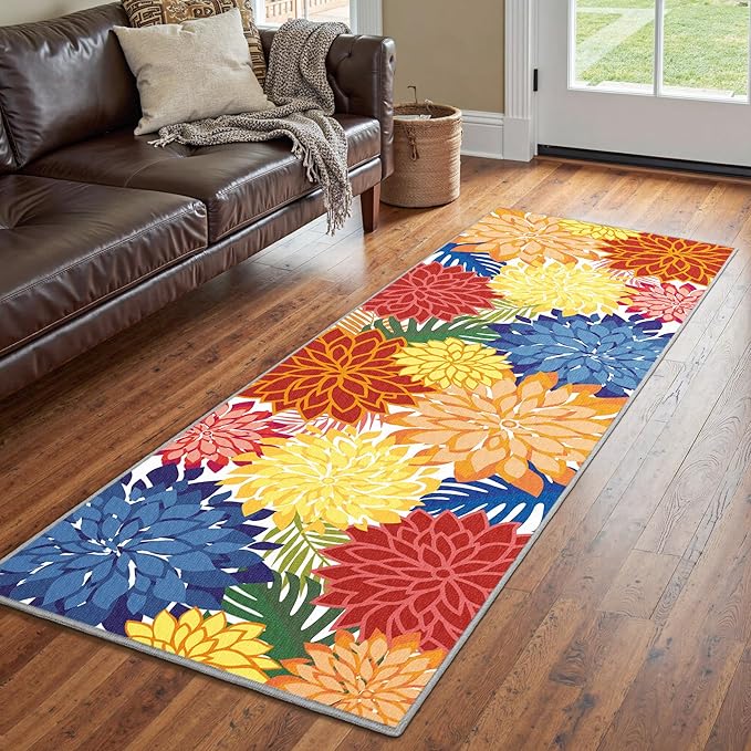 Area Rug 2x6 Washable Entry Rug Multicolored Tropical Botanical Modern Floral Indoor Kitchen Door Mat Entrance Carpet Non Slip for Bedroom Living Room, Porch