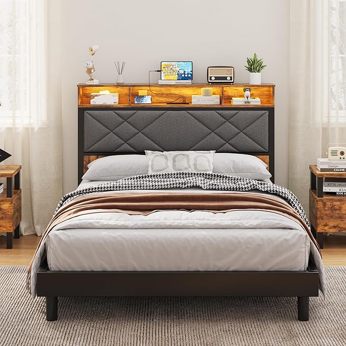 Full Size Headboard, Bed Headboard with Wood Bookcase, Charging Station, LED Light, Adjustable Height, Headboards Queen with Storage, Linen, Rustic Brown and Black