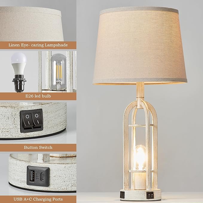 Farmhouse Table Lamps for Living Room Set of 2 - Rustic Industrial Bedside Lamps for Bedroom Nightstand with Nightlight and USB A+C, 4 Bulbs Included