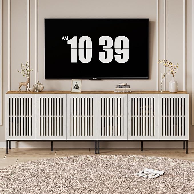 Farmhouse TV Stand for 100 Inch TVs, 2-in-1 Entertainment Center with Storage Cabinets & Metal Base, Antique White Media Console for Living Room