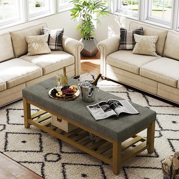 Large Rectangular Upholstered Ottoman Bench, Linen Tufted Footrest Ottoman with Solid Wood Shelf Storage Coffee Table for Bedroom Living Room, Granite