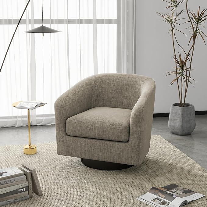 UIXE 360° Swivel Barrel Accent Chair Armchair, Modern Round Club Arm Chair Upholstered Living Room Single Sofa Seating Bedroom Side Reading Seat in Fabric for Home Office (Flax Brown)