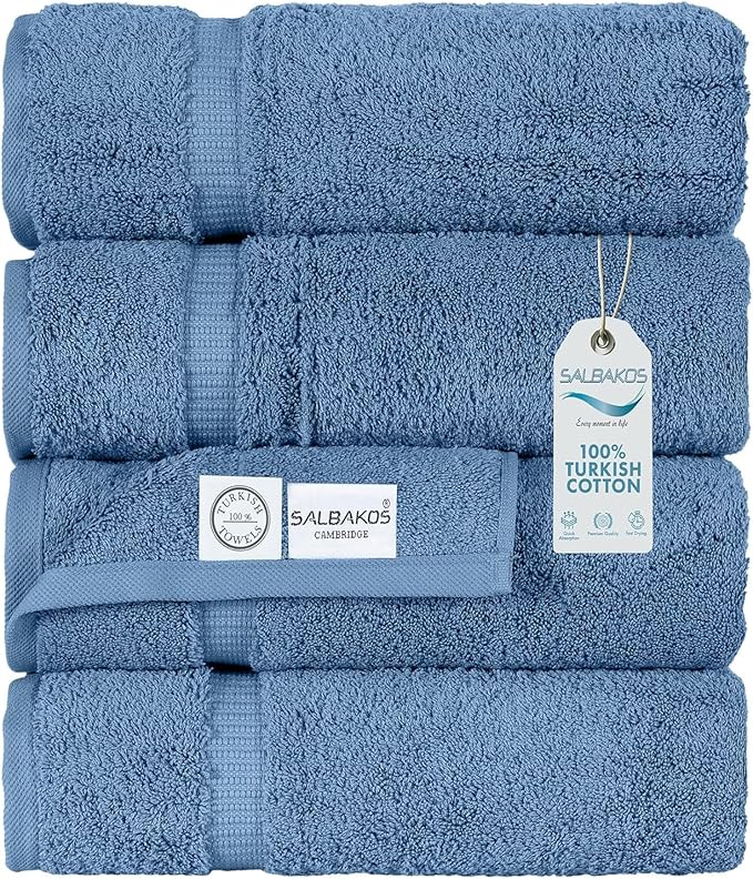 SALBAKOS 100% Turkish Cotton Bath Towel Set of 4 27x54 inch | Heirloom Quality | Hotel & Spa Collection | Ultra Soft, Super Absorbent, Long Lasting Bath Towels | Made in Turkey (Blue, 4 Bath Towels)
