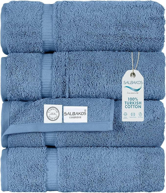 SALBAKOS 100% Turkish Cotton Bath Towel Set of 4 27x54 inch | Heirloom Quality | Hotel & Spa Collection | Ultra Soft, Super Absorbent, Long Lasting Bath Towels | Made in Turkey (Blue, 4 Bath Towels)