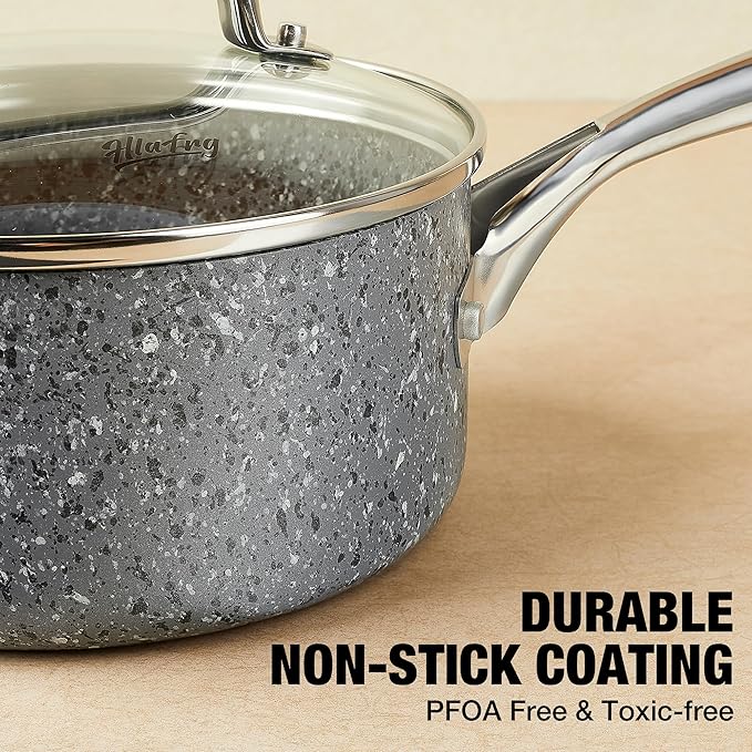 Saucepan Set, Nonstick 2Qt & 3Qt Sauce Pans with Lids, Small Pot with Lid - Natural Granite, Grey