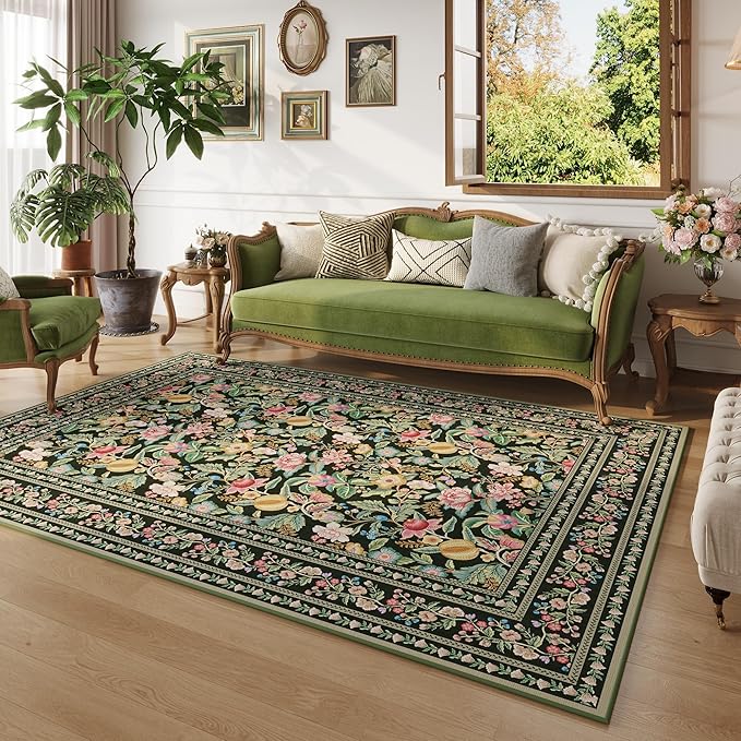 Area Rug 4x6 Rug Washable Vintage Floral Rugs Non Slip Low Pile Small Carpet for Bedroom, Bedside, Kids Room, Office, Dining Room, Green