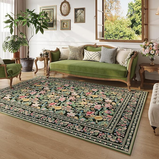 Area Rug 4x6 Rug Washable Vintage Floral Rugs Non Slip Low Pile Small Carpet for Bedroom, Bedside, Kids Room, Office, Dining Room, Green