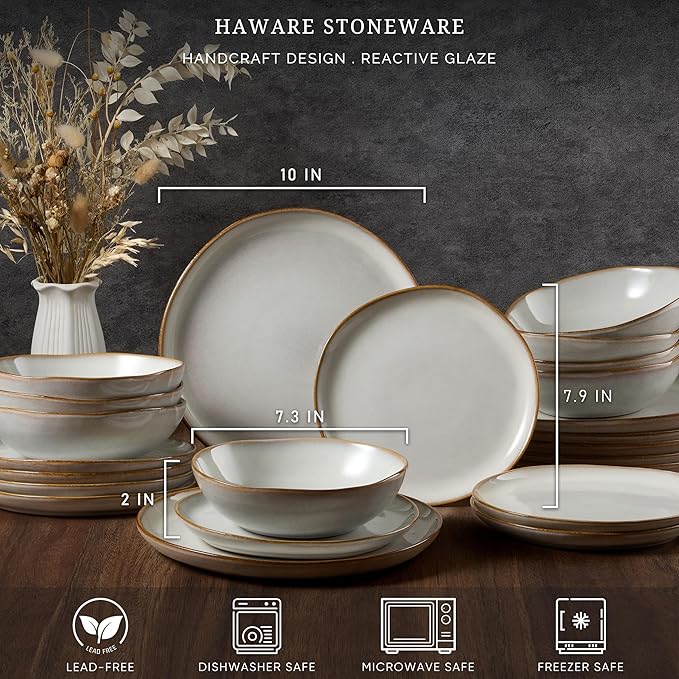 HaWare Dinnerware Sets, 24-Piece Stoneware Plates and Bowls Set, Dish Set for 8, Ceramic Dishware for Home Restaurant, Chip and Scratch Resistant, Microwave and Dishwasher Safe, Reactive Pearl White