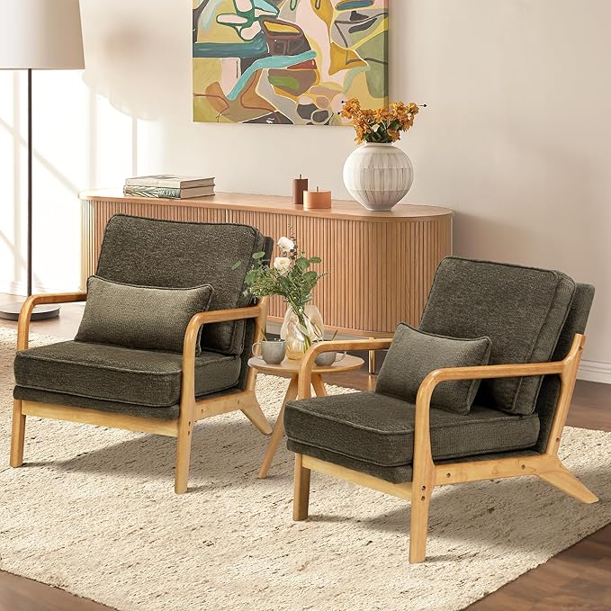 COLAMY Mid Century Modern Accent Chair Set of 2 with Lumbar Pillow, Relaxing Armchair with Solid Wood Frame & Soft Cushion, Reading Leisure Chair for Living Room（Green）