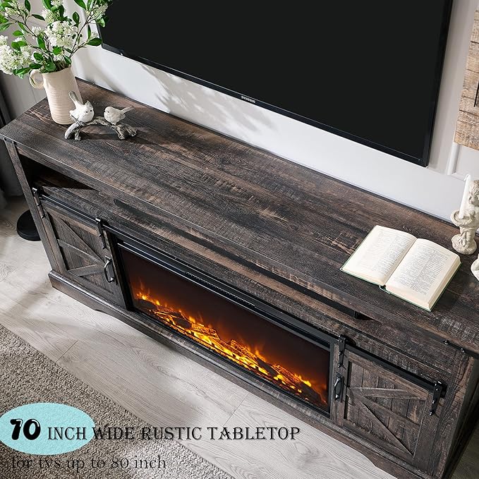 OKD Fireplace TV Stand for 80 Inch TV, 33" Tall Highboy Farmhouse Entertainment Center w/ 36'' Electric Fireplace, Rustic Media Console w/Sliding Barn Door for Living Room, Dark Rustic Oak