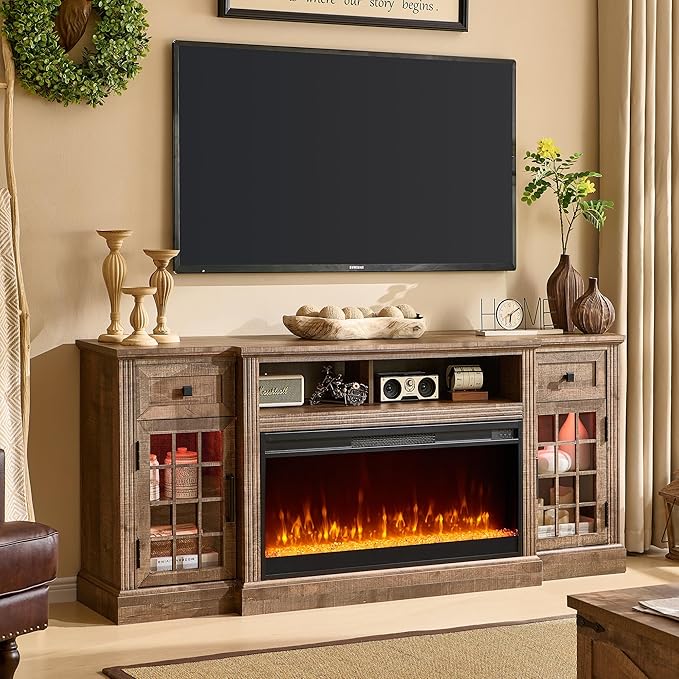 Farmhouse Fireplace TV Stand for 80 Inch TV, Entertainment Center w/ 36'' Electric Fireplace & LED Lights, Mordern Media Console with Storage Drawers & Cabinets for Living Room, Light Brown