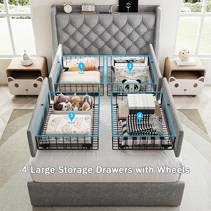 Twin Bed Frame with 4 Storage Drawers, Giant Upholstered Wingback Headboard, Fast Charging Station, No Box Spring Needed, Noise-Free, Light Gray