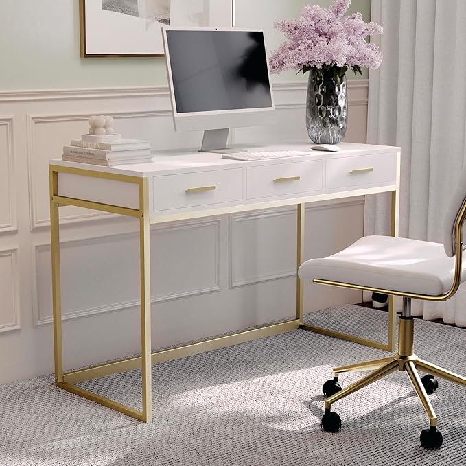 Martha Stewart Ollie Home Office Desk with 3 Drawers in White with Polished Brass Hardware