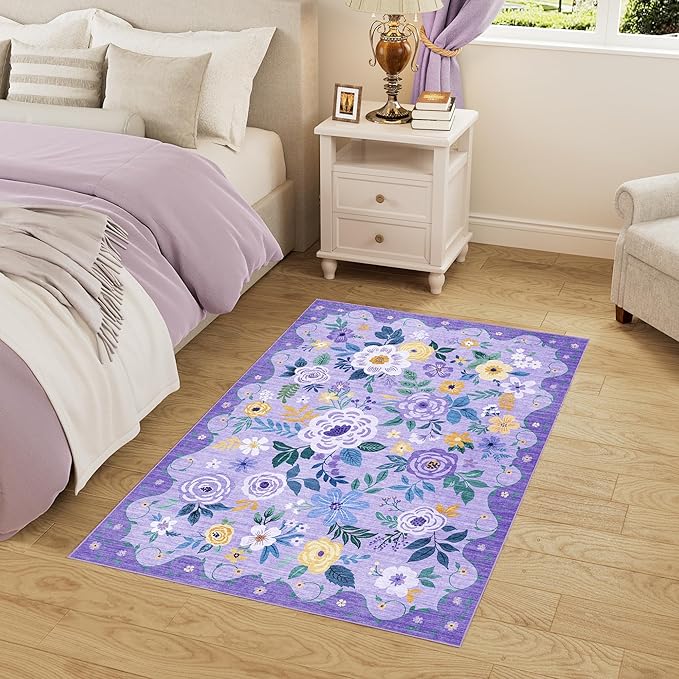 DUKINO 2x3 Rugs for Entryway, Floral Indoor Washable Door Mat, Non Slip Boho Small Rug for Kitchen, Soft Low Pile Front Door Throw Rug for Entrance, Bedroom, Kitchen, Laundry, Bathroom, Purple