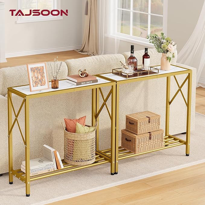 Tajsoon Entryway Table, 2-Tier Small Consle Table for Entryway, Narrow Sofa Table with Shelves, Entrace Table for Hallway, Living Room, Corridor, Office, Gold & White