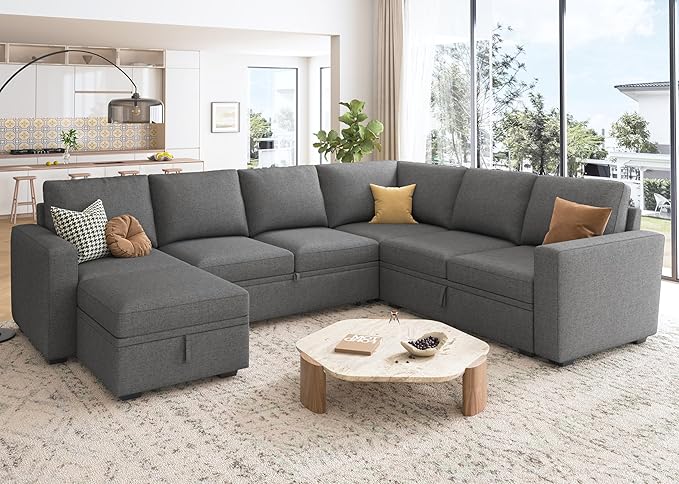 HONBAY Sectional Sleeper Sofa with Pull Out Bed, U Shaped Couch with Storage, Modular Sectional Couches for Living Room, Dark Grey