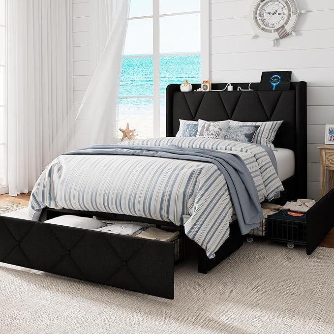 Twin Bed Frame with 4 Large Storage Drawers, Upholstered Platform Bed with Charging Station, Modern Wingback Storage Headboard, Easy Assembly,Noise-Free, Black