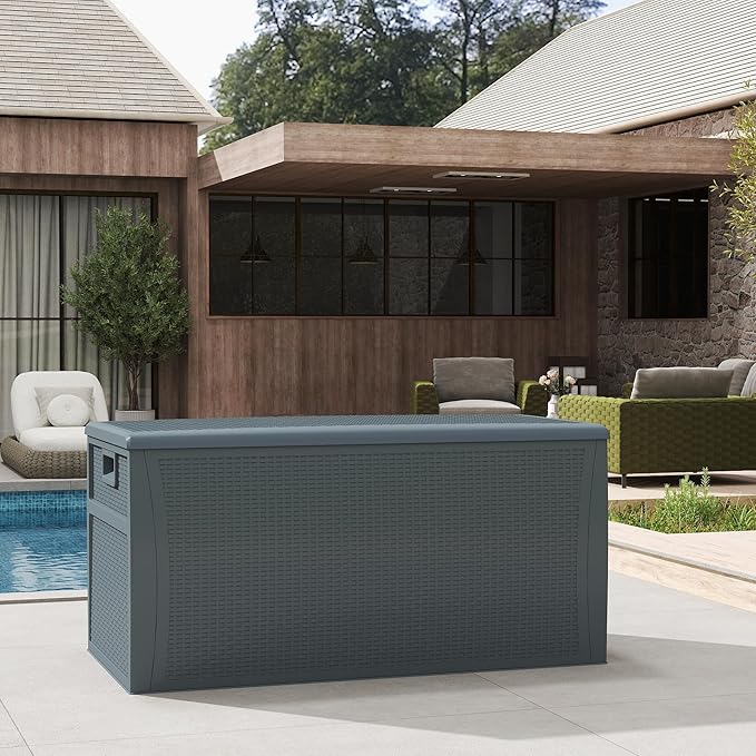 120 Gallon Resin Deck Box, Weatherproof Outdoor Storage Box for Patio, Garden, Pool, and Yard, Lockable Waterproof Bin for Tools, Cushions, and Accessories, Grey