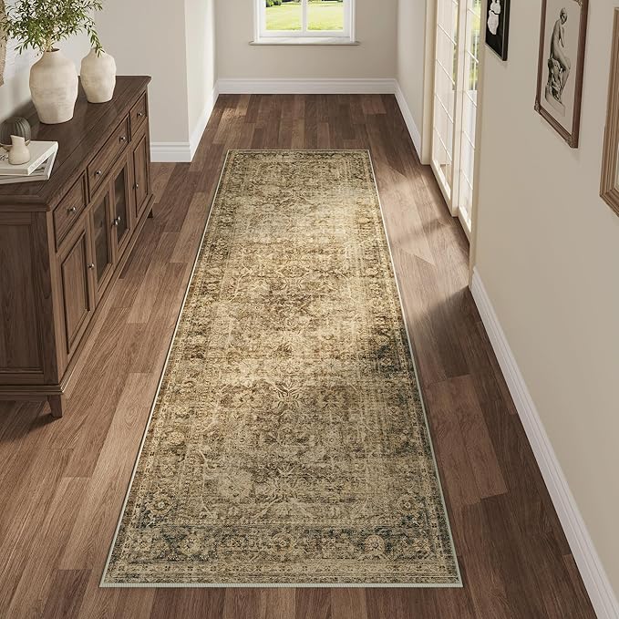 Fmfunctex 2x8 Runner Rug Brown Washable Vintage Neutral Distressed Non Slip Low Pile Indoor Carpet Soft Retro Floral Hallway Entryway Rug for Kitchen Living Room Bedroom Bathroom Laundry Entry Bedside