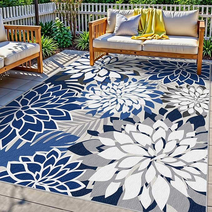 Indoor Outdoor Area Rug Washable Multicolored Patio Rug Tropical Botanical Modern Floral Indoor Outdoor Carpet Blue White Rug Non Slip for Patio, Deck, Backyard, Porch (5x8)