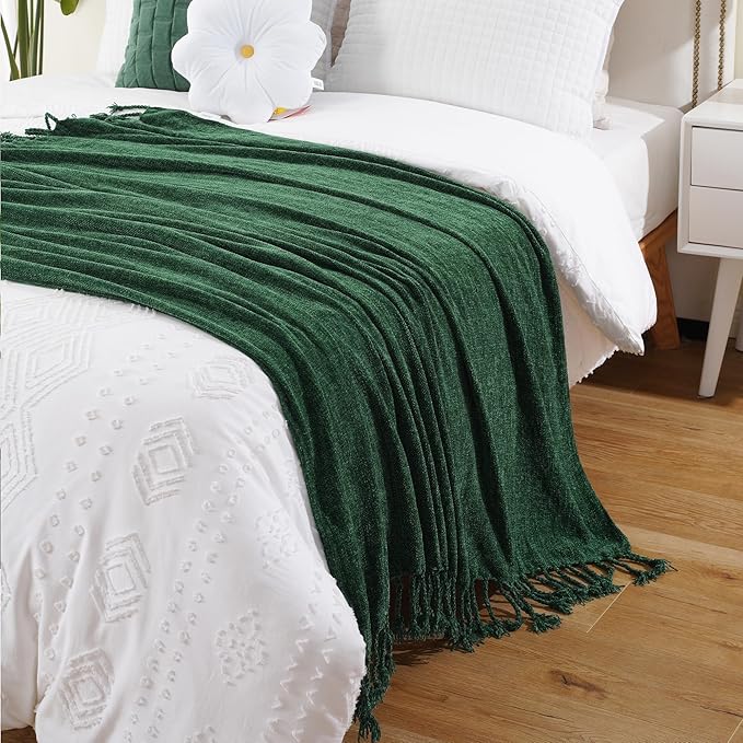 BATTILO HOME Chenille Knit Throw Blanket for Couch, Soft Cozy Dark Green Knit Throw Blanket with Fringe, Lightweight Throw Blanket for Home Decoration, 50"x60"