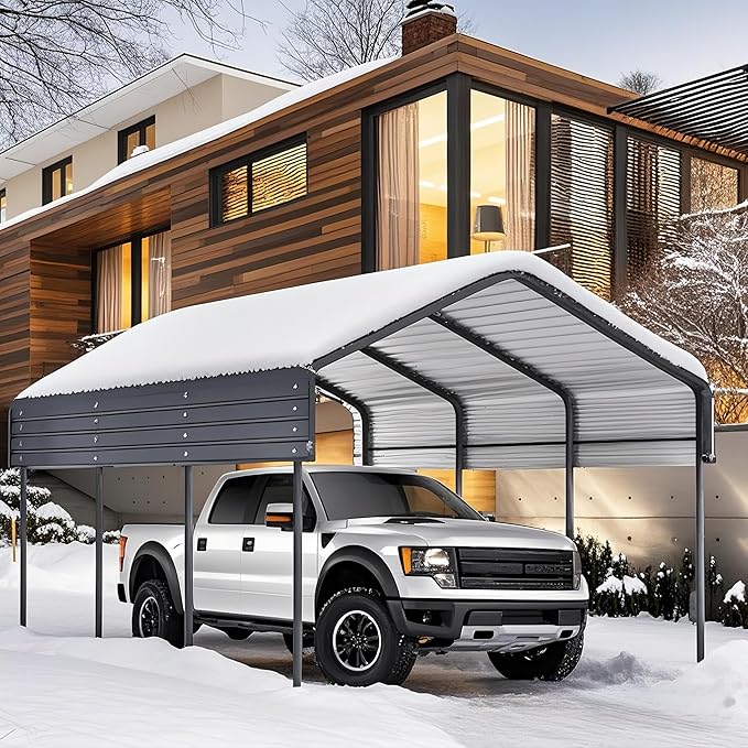 10x15FT Metal Carport Kits, Heavy Duty Car Port on Clearance with Galvanized Metal Roof, Outdoor Garage Car Shelter Shade for Car, Boats and Truck (Dark Gray)