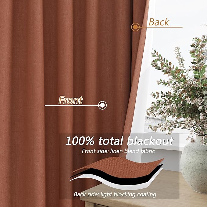 Guken Terracotta Linen Blackout Curtains 108 Inch Length 2 Panels Set for Living Room Bedroom Back Tab Thermal Insulated 100% Black Out Linen Drapes Room Darkening Window Curtains 108 Inches Long