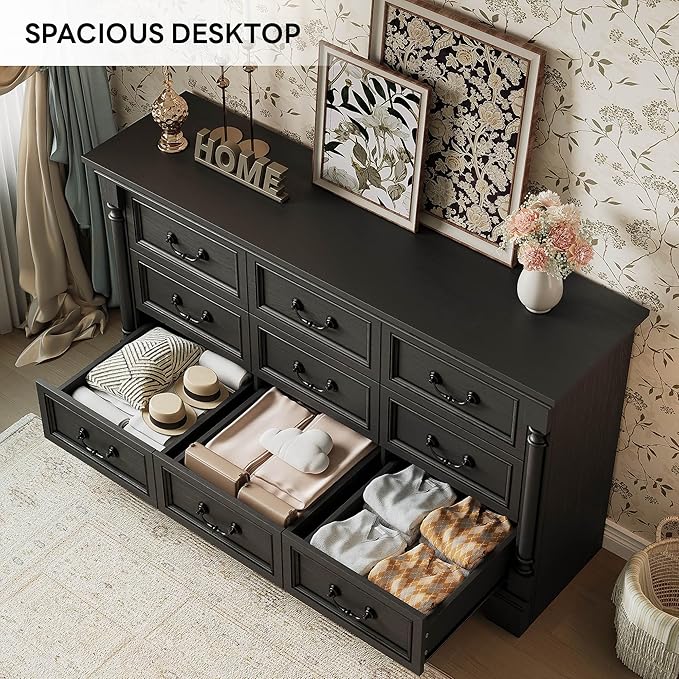 LIKIMIO Farmhouse Dresser for Bedroom with 9 Drawers, 58" Wide Wood Chest of Drawers with Roman Column, Dresser TV Stand for 65", Closet Storage Dressers Organizer for Bedroom, Living Room, Hallway