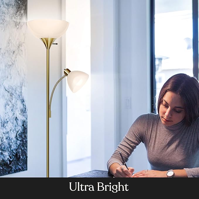 Brightech Sky Dome Plus LED Floor lamp, Torchiere Super Bright Floor Lamp with Reading Lamp for Living Rooms & Offices - Dimmable Tall Standing Lamp for Bedroom Reading - Gold Brass