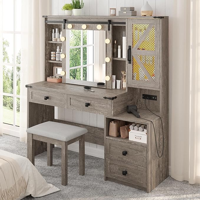 EnHomee 47.2" Farmhouse Makeup Vanity Desk with Sliding HD Mirror and Lights, Vanity Table with 4 Drawers & RGB Cabinets, Modern Lighted Vanity Table for Bedroom, Light Rustic Oak