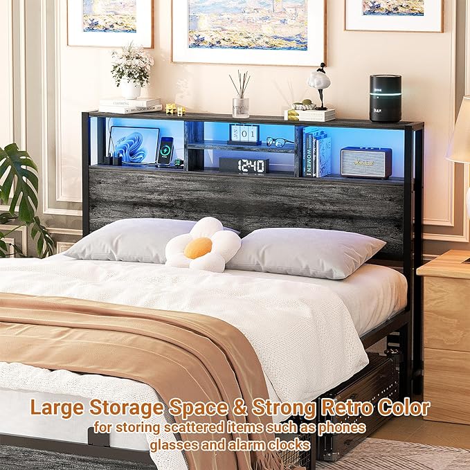 Aheaplus Headboard for Full Size Bed with Storage, Headboards with Outlets, USB Ports and LED Light, Full Size Head Board Only, Height Adjustable, Reversible, Sturdy and Stable Headboard, Black Oak