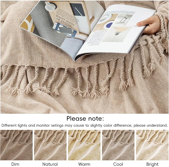 BATTILO HOME Beige Chenille Throw Blanket for Couch, Decorative Fringe Velvety Khaki Tan Throw Blanket for Sofa Home Decor, 50"x60"
