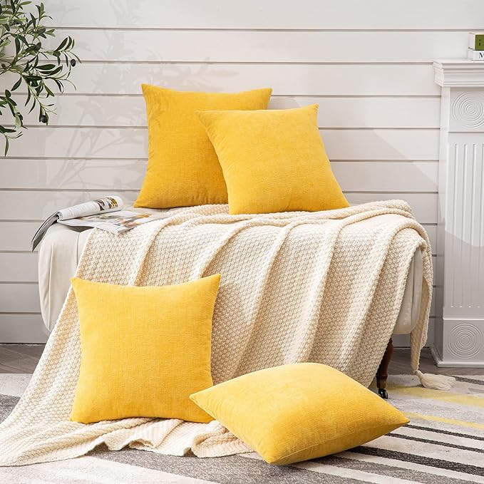 GAWAMAY Decorative Square Throw Pillow Covers 18"x18" Inch Set of 4, Super Soft Chenille Pillows Cover Fall Pillowcase for Living Room Bedroom Sofa Couch Cushion Cover Mustard Yellow 45x45cm
