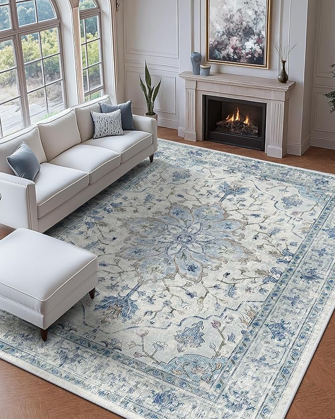 Area Rugs 5'x8' Washable Non-Slip, Floral Vintage Distress Print Pattern Medallion Carpet for Living Room Bedroom Dining Room, Light Blue Navy Beige Gray White