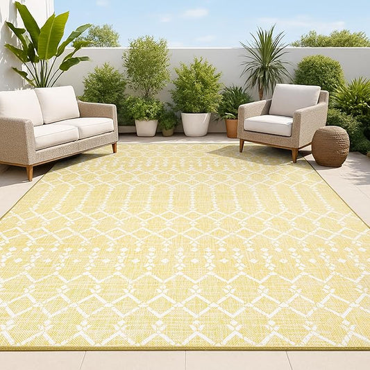 JONATHAN Y Moroccan Geometric Indoor Outdoor Area Rug 9X12 Yellow/Cream, Ourika Textured Weave for Backyard, Patio, Porch, Easy-Cleaning, High Traffic, Pet-Friendly, Non-Shedding (SMB108G-9)
