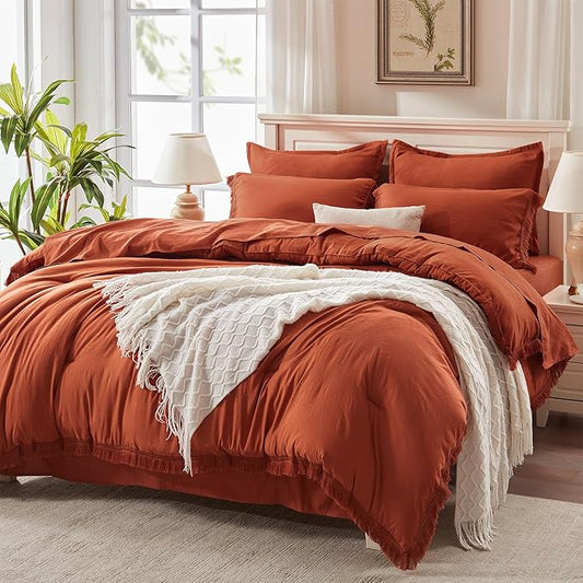 Andency California King Size Comforter Set with Sheets Brunt Orange - 7 Pieces Cal King Bed in a Bag Boho Bedding Sets, Terracotta Rust Bed Set with Comforter, Sheets, Pillowcases & Shams