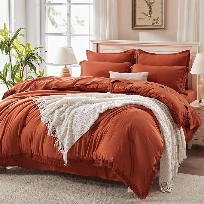 Andency Full Size Comforter Set Burnt Orange -7 Pieces Boho Tassel Bed in a Bag Soft Lightweight Bedding Sets, Terracotta Rust Fringe All Season Bed Set with Comforter, Sheets, Pillowcases & Shams