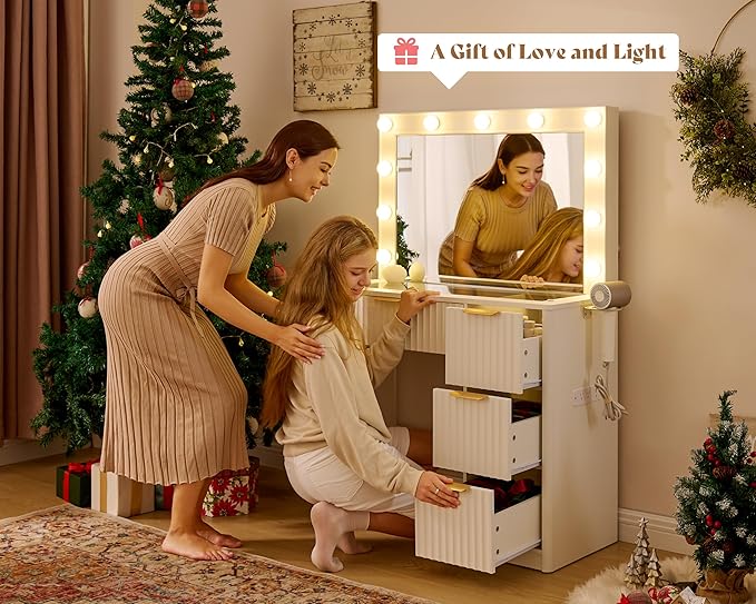 AMERLIFE 36.2" Fluted Vanity Desk with Large Mirror and Adjustable LED Lights, 4 Drawers Makeup Table with Glass Top and Charging Station for Women and Girls, Bedroom or Dorm, White